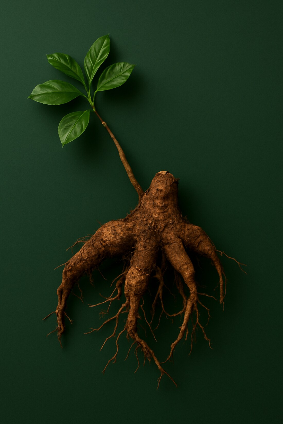 A whole kava plant showing the root system and leaves